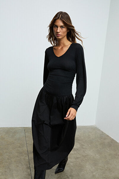 PANI YOKEND Women's V-Neck, Gather Detailed, Flexible Fabric Skirt Poplin Black Dress