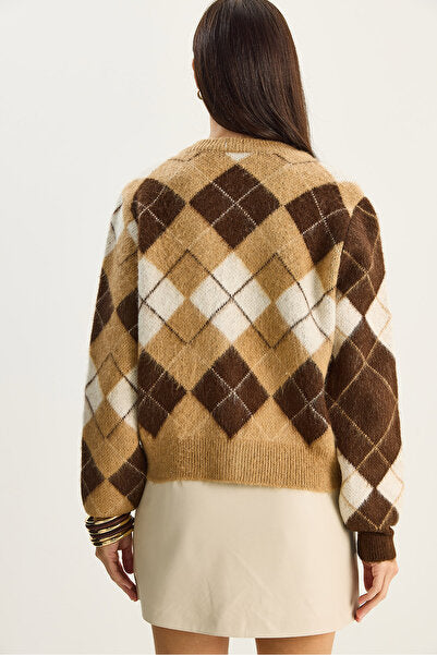 Women's Diamond Patterned Crew Neck Jacquard Cardigan 4922 60283759