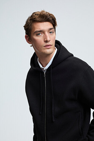 ASHBY Men's Hooded Zipper Pocket Drawstring Regular Fit Black Sweatshirt