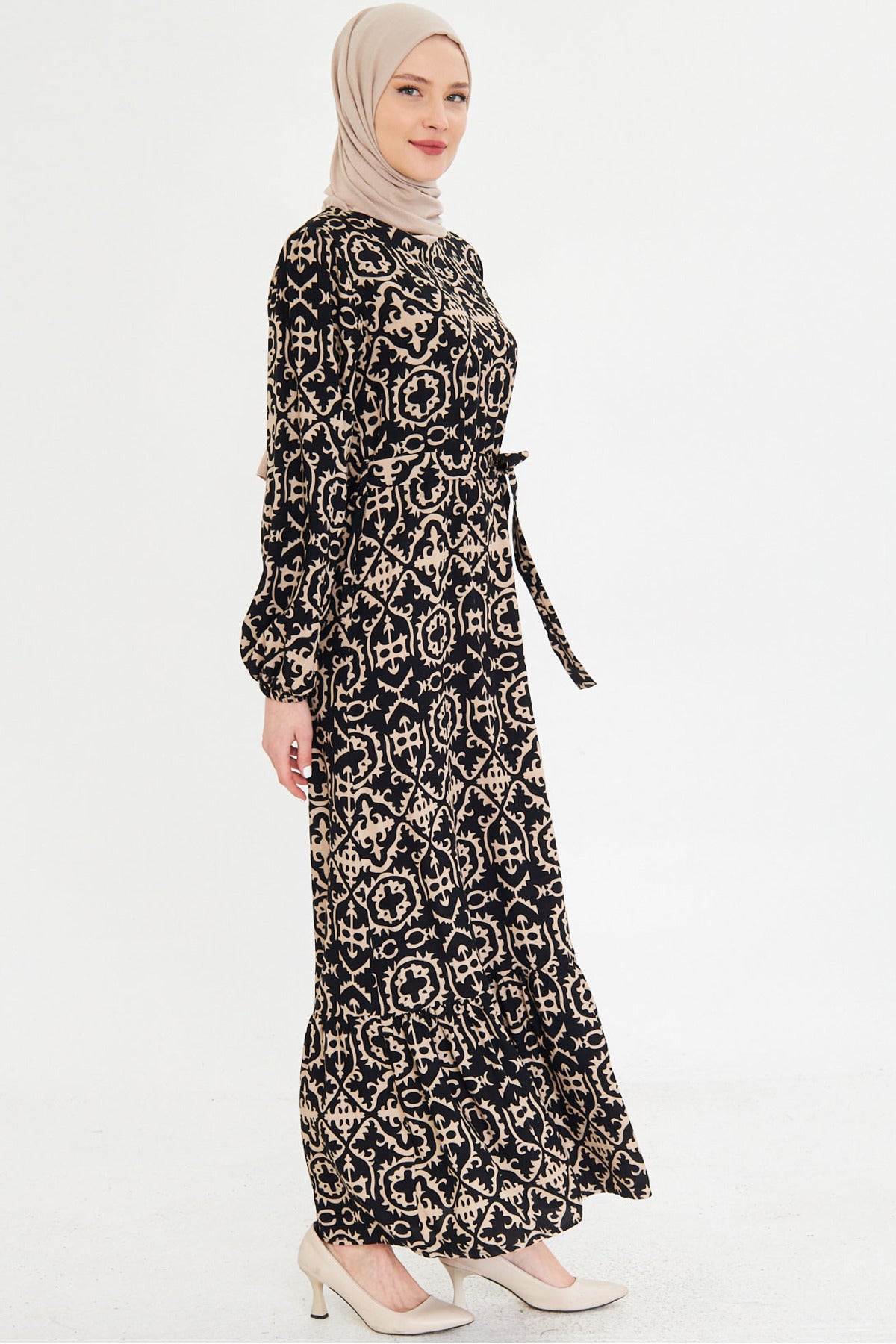 Women's Black-Beige Crew Neck Back Zipper Skirt Frilly Belted Long Hijab Dress ARM-25K001101