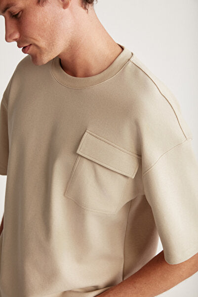Artur Men's Thick Special Textured Fabric Beige T-shirt with Pockets