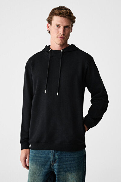 ALESSIO Men's 100% Cotton Hooded Cord Detailed Oversize Fit Black Sweatshirt