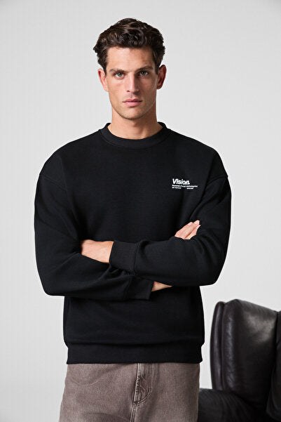 Ernest Men's Organic Cotton Soft Print Detailed Crew Neck Black Sweatshirt with Fleece Inside