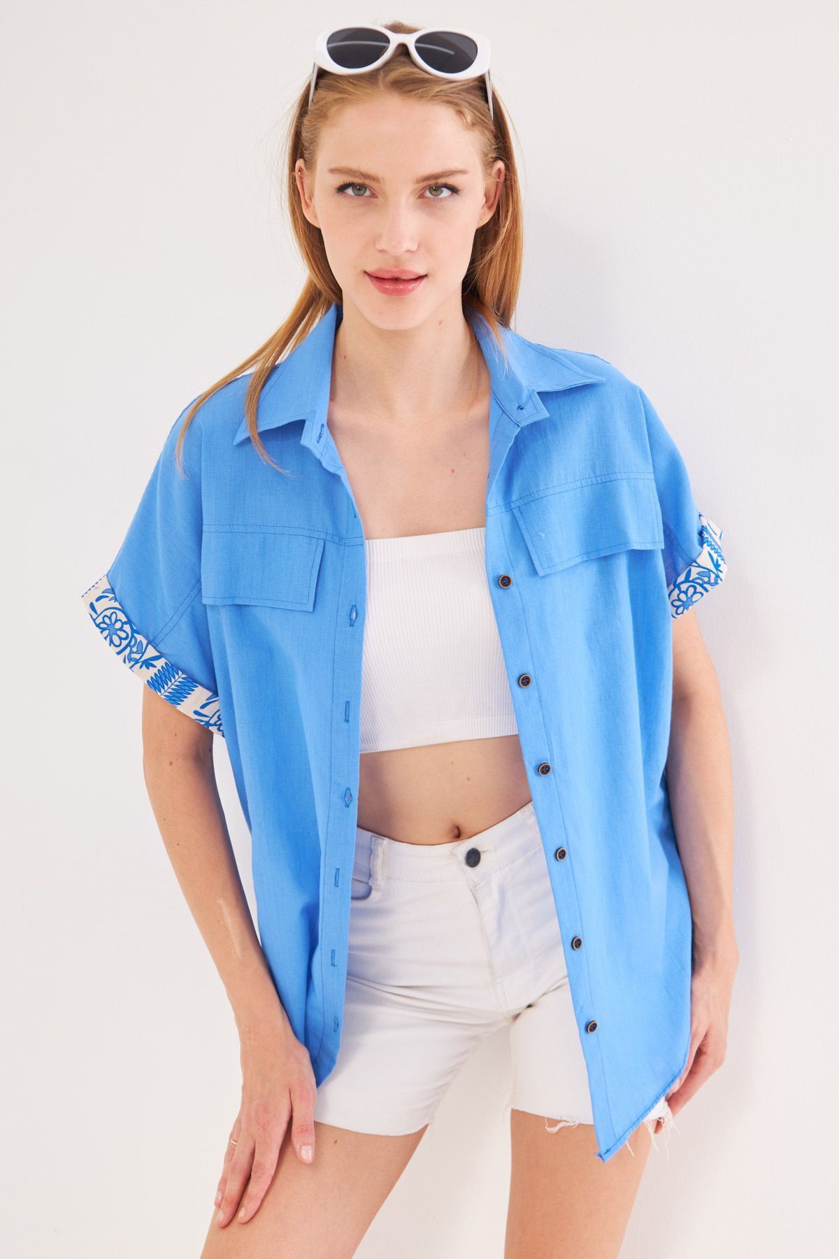 Women's Baby Blue Oversize Double Sleeve Detailed Shirt ARM-24Y001075