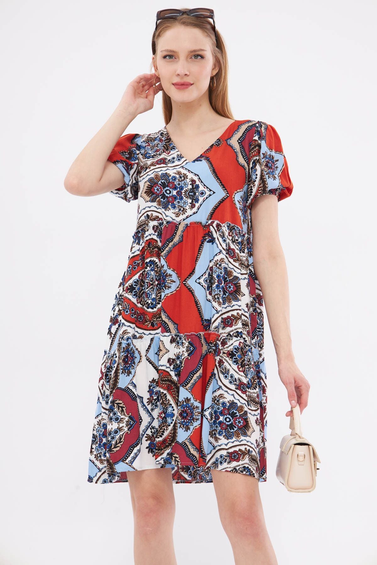 Women's Baby Blue V-Neck Short Sleeve Patterned Frilly Dress ARM-24Y001014