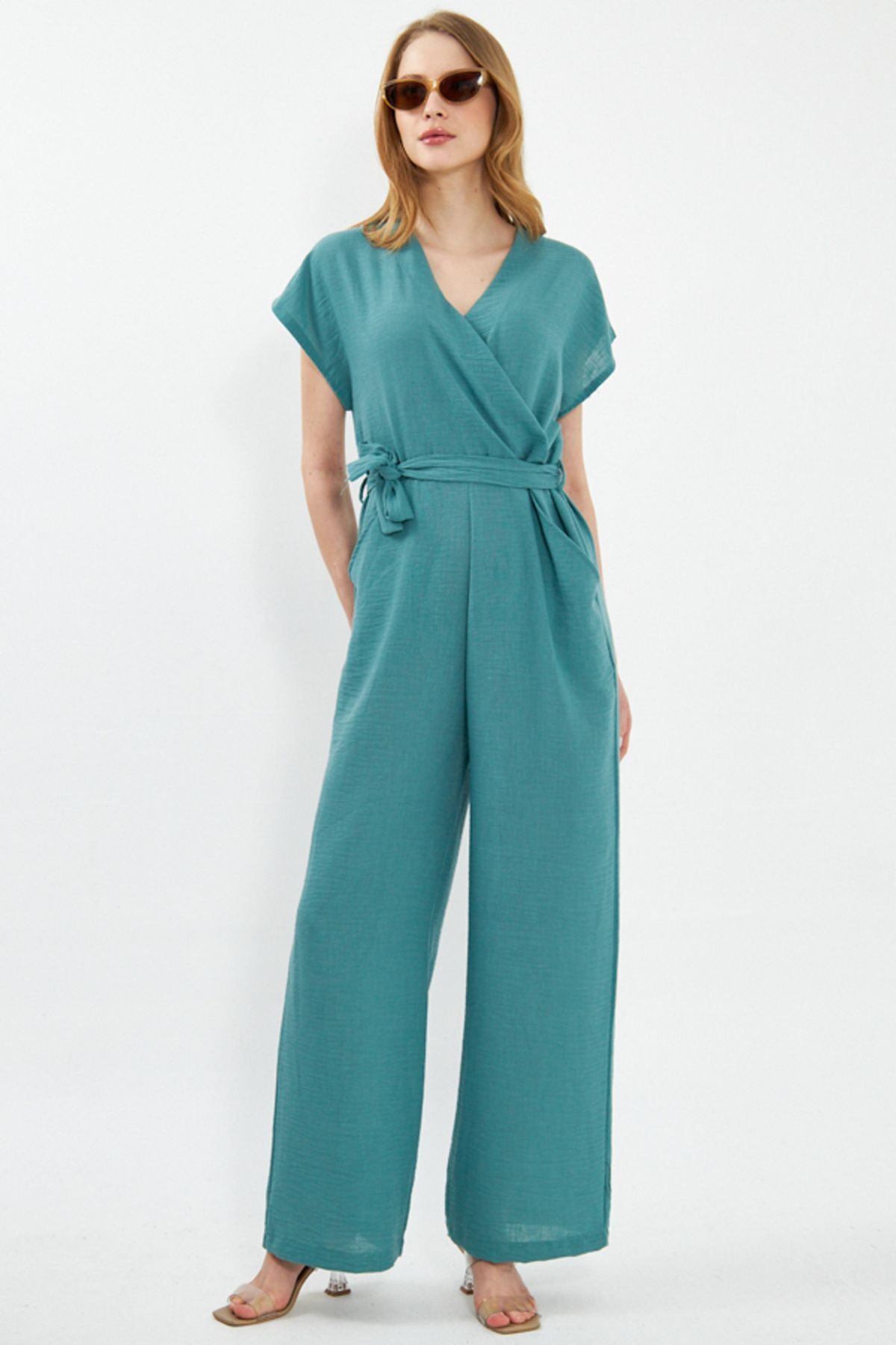 Women's Turquoise Deka Jumpsuit Double Breasted Collar Belted Pocket Sleeveless ARM-24Y001031