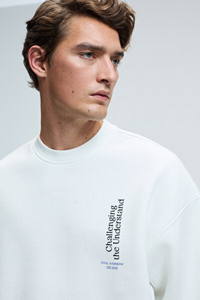 ALDEN Men's Round Neck Chest and Back Printed Relaxed Fit White Sweatshirt