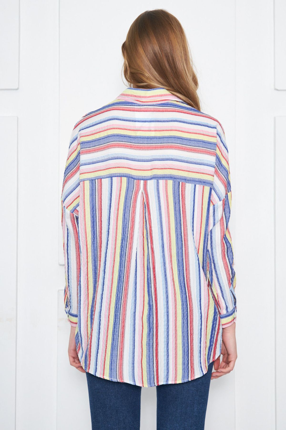 Women's Yellow Striped Oversize Long Basic Shirt ARM-24K001061