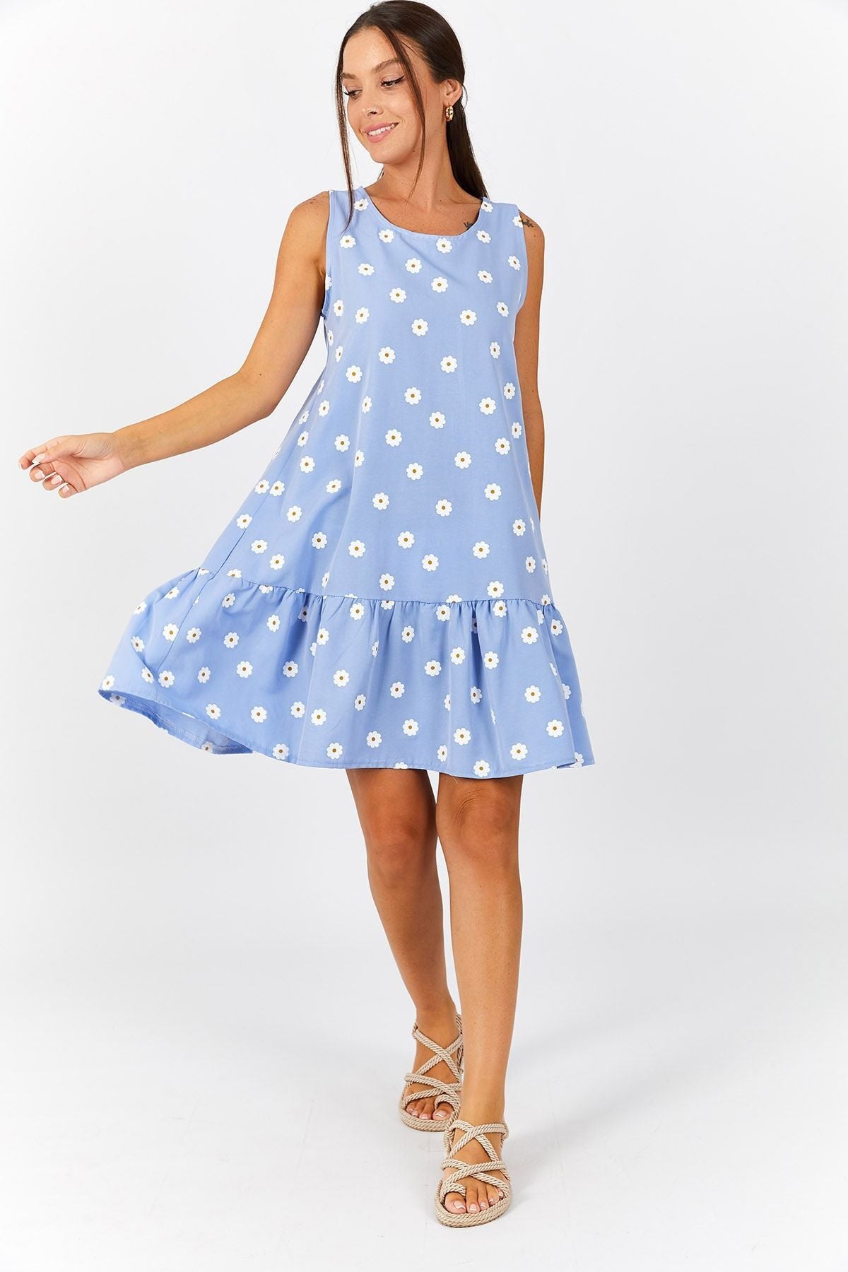 Women's Baby Blue Daisy Pattern Sleeveless Skirt Ruffle Dress ARM-22Y001123