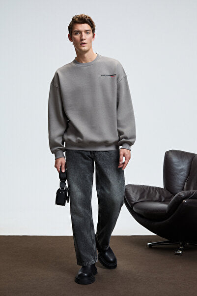 PERCY Men's Round Neck Chest Printed Back Printed Oversize Dark Gray Sweatshirt