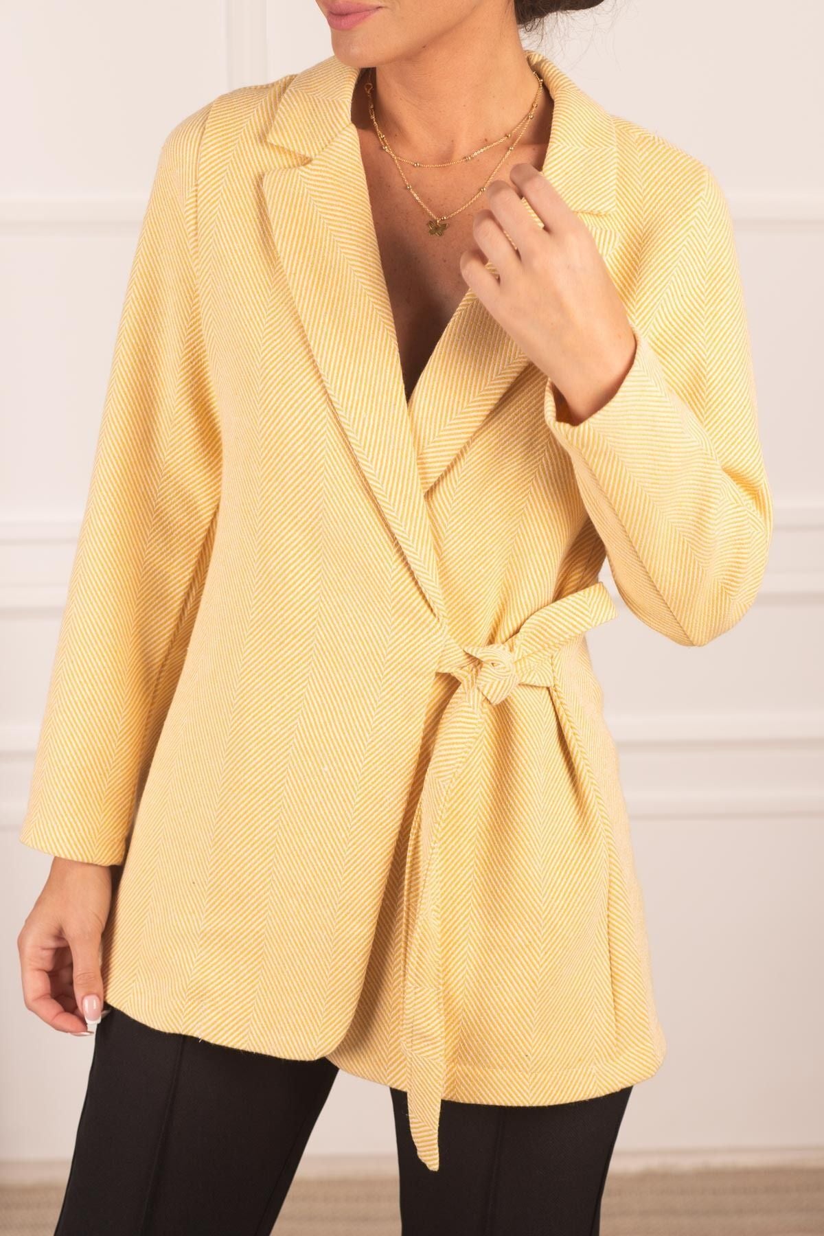 Women's Yellow Side Tie Herringbone Patterned Cashew Jacket ARM-24K001009