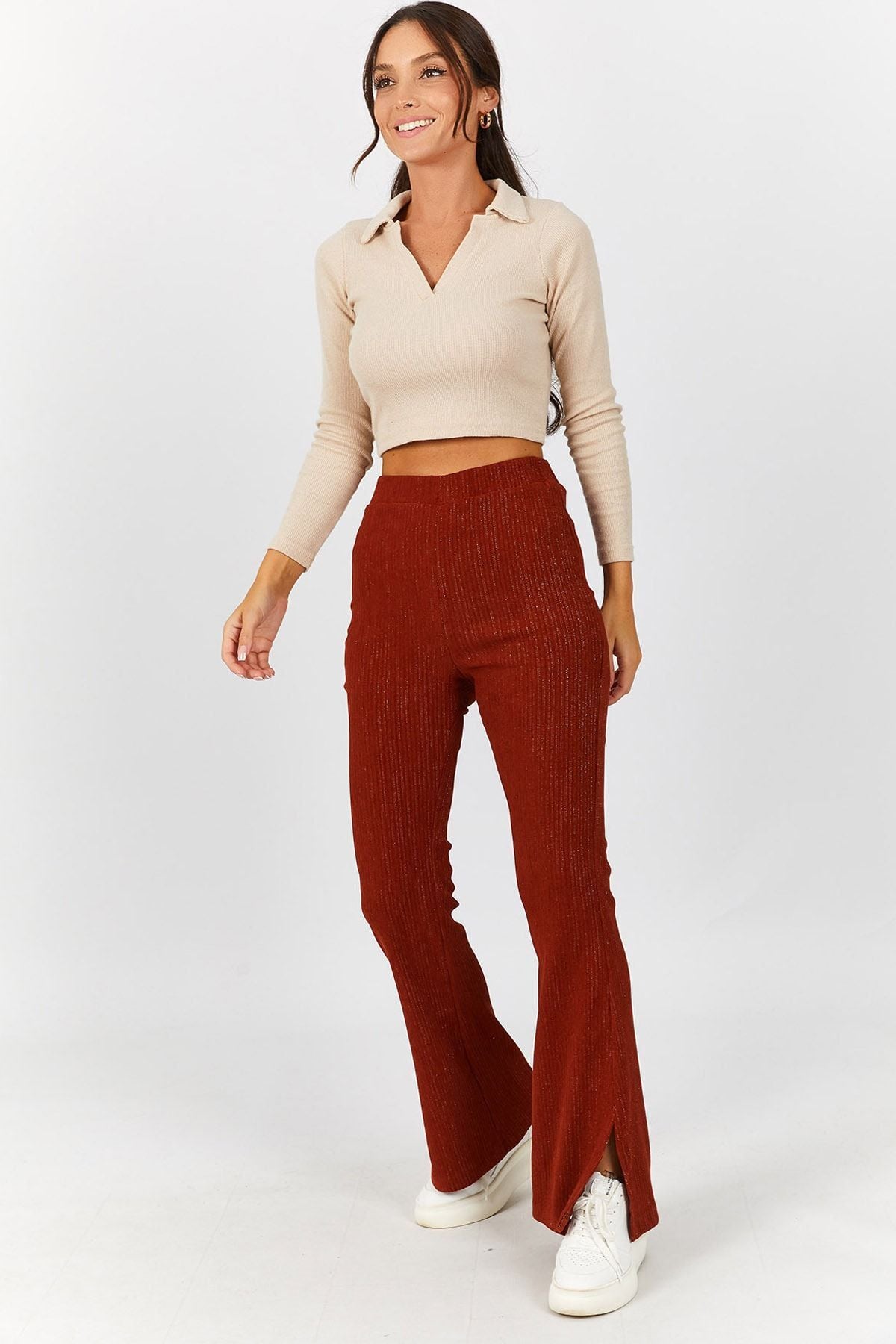 Women's Tile Waist Elastic Waist Side Slit Velvet Flared Trousers ARM-22Y001176