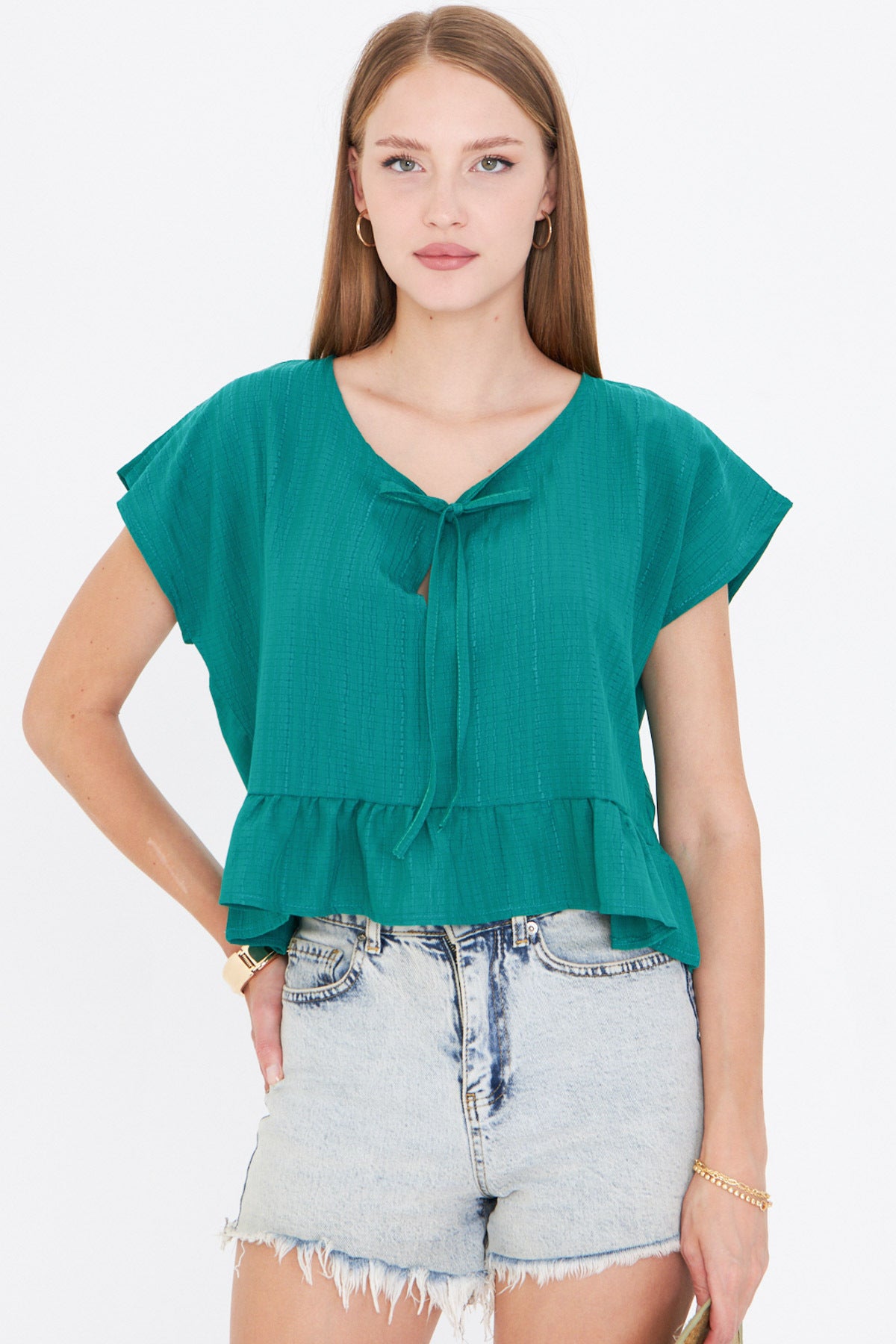 Women's Dark Green Bat Sleeve Collar Tie-Up Skirt Ruffled Oversize Crop Blouse ARM-24Y001088