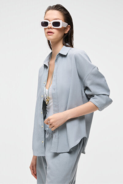 VESTA Women's 100% Cotton Linen Look Flared Oversize Gray Shirt