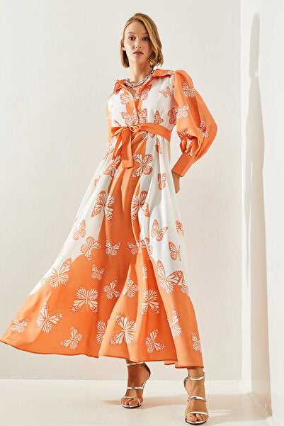 Women's Shirt Collar Butterfly Patterned Belted Long Dress 22146 60251712