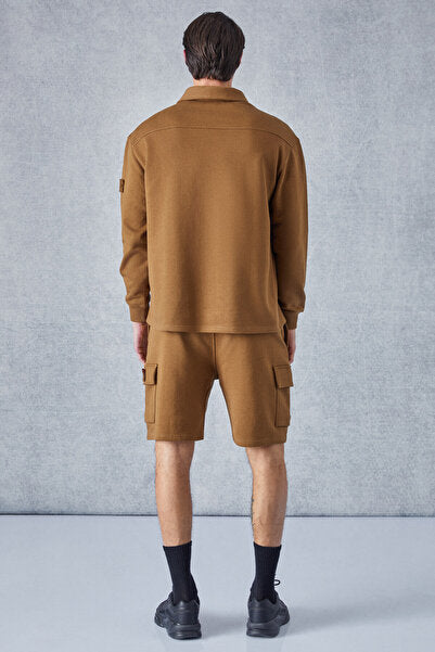 Aatrox Men's Polo Collar Buttoned Long Sleeve Regular Fit Dark Brown Sweatshirt with Embroidery Detail