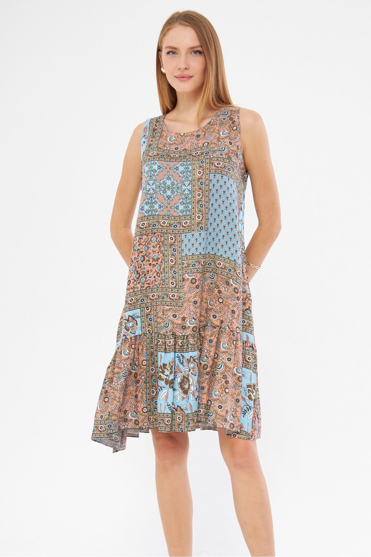 Women's Baby Blue Patterned Sleeveless Skirt Frilly Dress ARM-22K001142