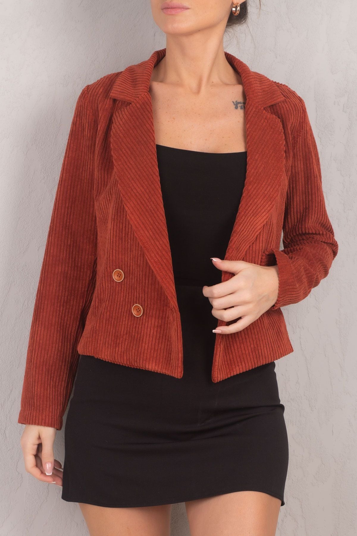 Women's Tile Double Breasted Collar Velvet Crop Jacket ARM-24K001059