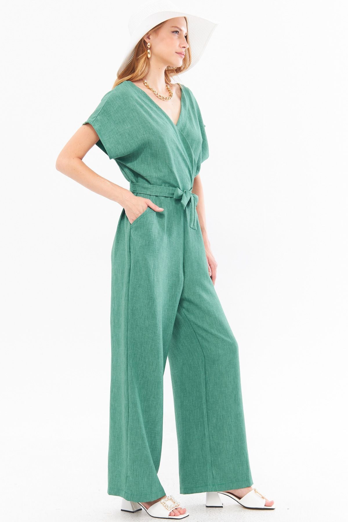 Women's Green Double Breasted Collar Back V Detailed Pocket Belted Wide Leg Jumpsuit ARM-24Y001073