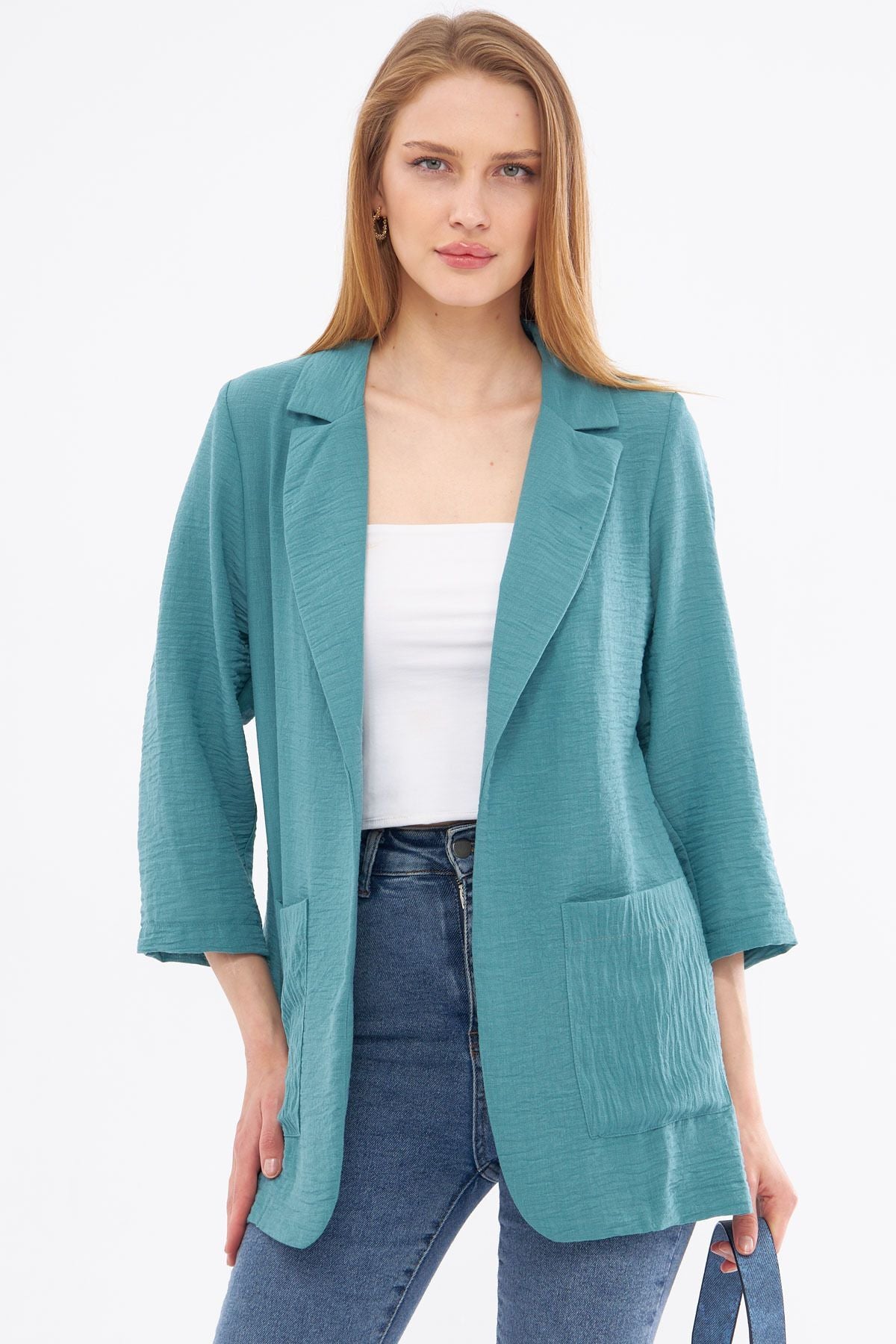 Women's Turquoise Linen Look Oversize Jacket with Pockets ARM-24Y001065
