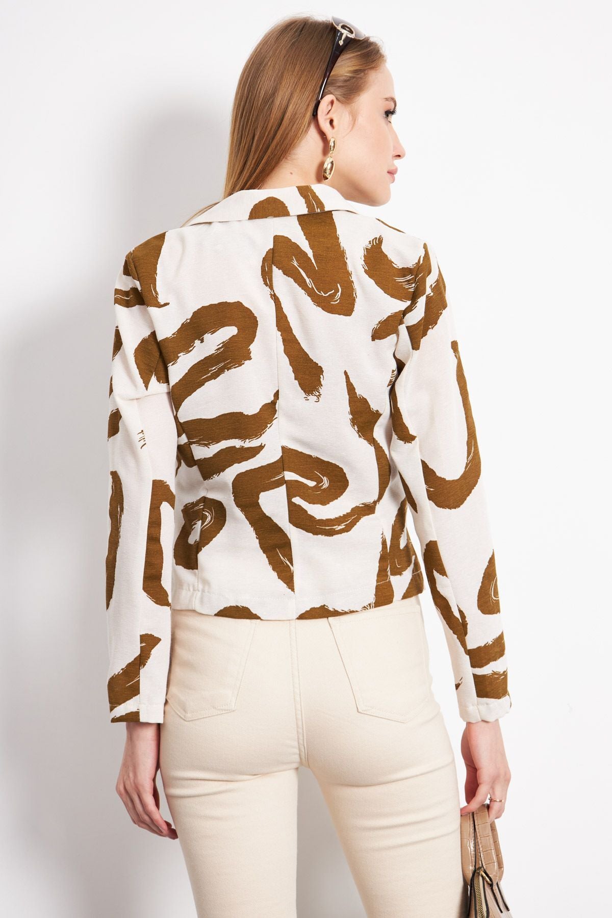 Women's Dark Khaki Double Breasted Collar Patterned Crop Jacket ARM-24Y001058