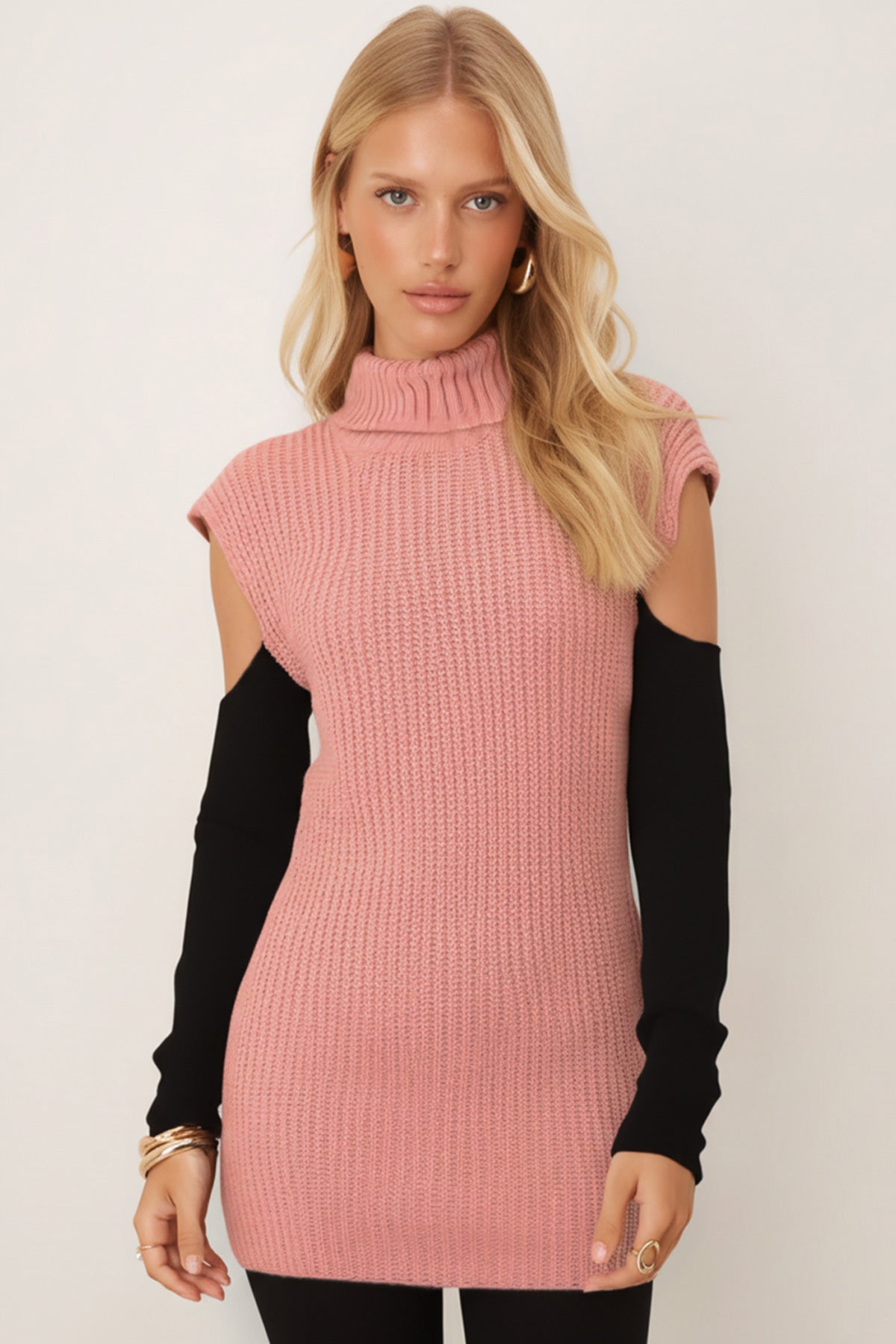 Women's Powder Turtleneck Sleeves Low-cut Knitwear Sweater ARM-26K136015