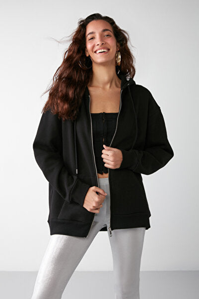 Alena Women's Basic Kangaroo Pocket Oversize Organic Cotton Zipper Hooded Black Sweatshirt