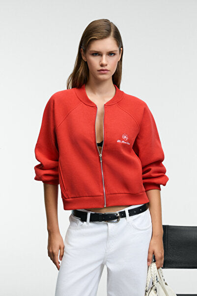 YASVELL Women's Metal Zipper Double Pocket Embroidery Detailed Balloon Sleeve Bomber Red Jacket