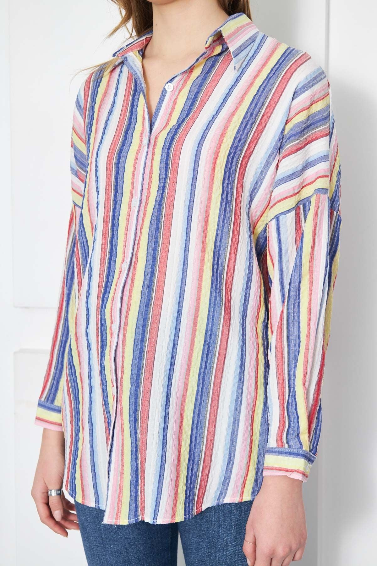 Women's Yellow Striped Oversize Long Basic Shirt ARM-24K001061