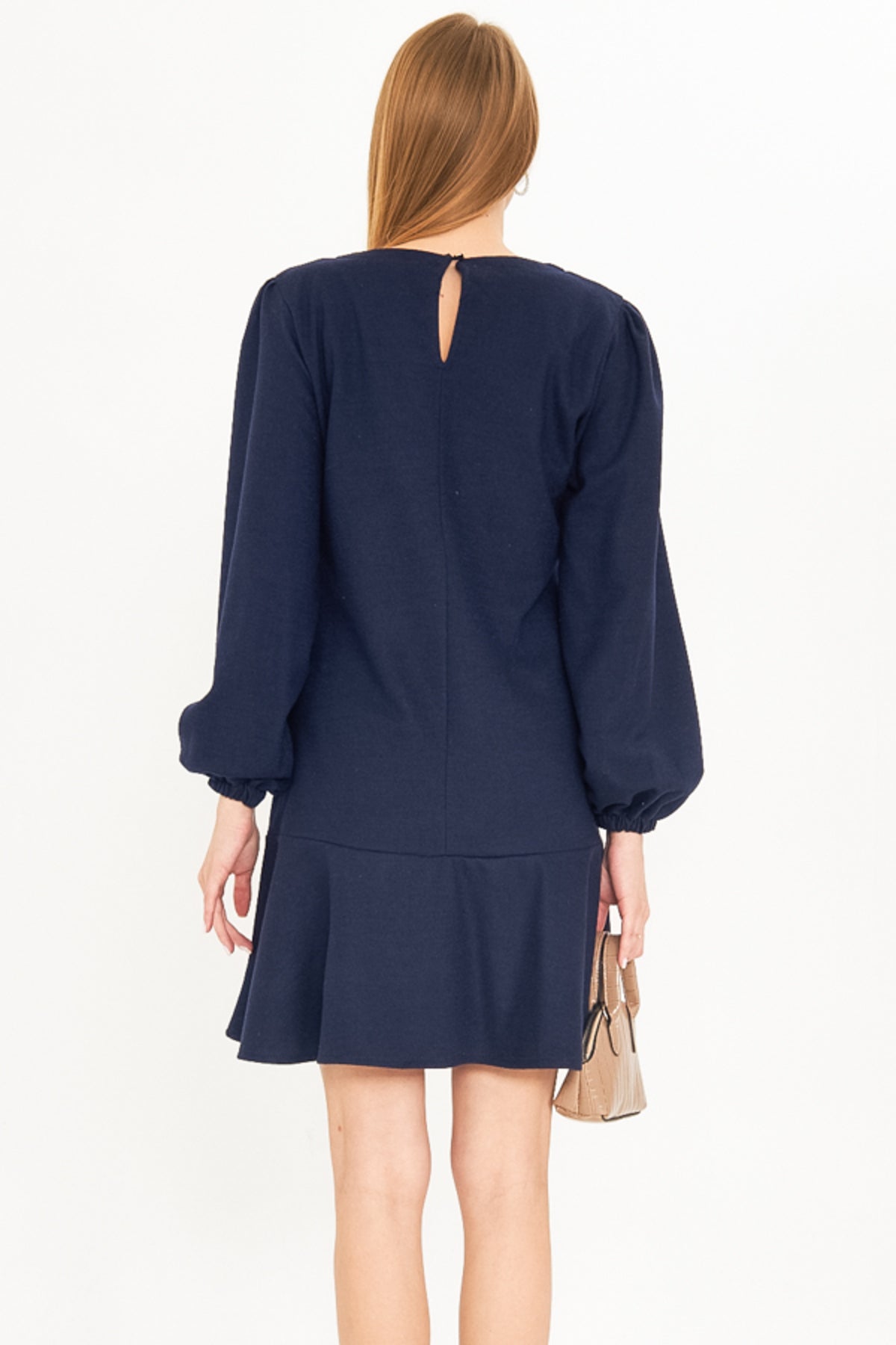 Women's Navy Blue Round Neck Skirt Flounced Sleeves Gathered Lined Stash Dress ARM-25K001094