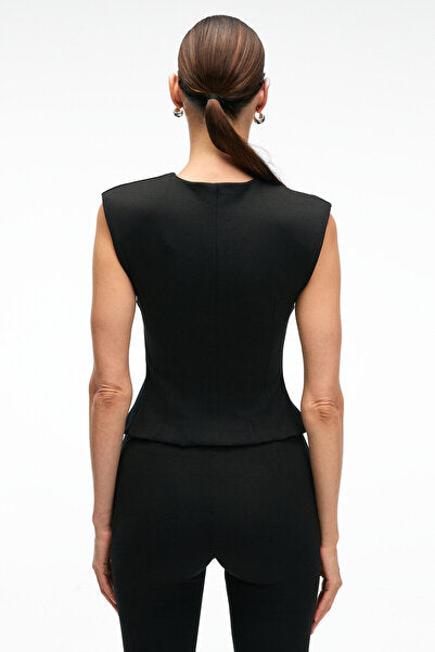 CALYSTRA Women's Flexible Fabric, Front Darts, Buttons, Padded Regular Fit Black Vest