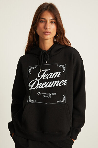 Sabine Women's Print Detailed Fleece Hooded Kangaroo Pocket Relaxed Fit Black Sweatshirt