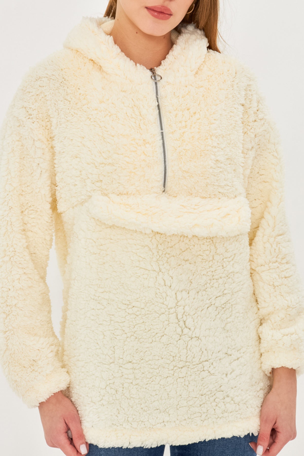 Women's Ecru Hooded Plush Sweatshirt with Pocket Cover ARM-25K001090