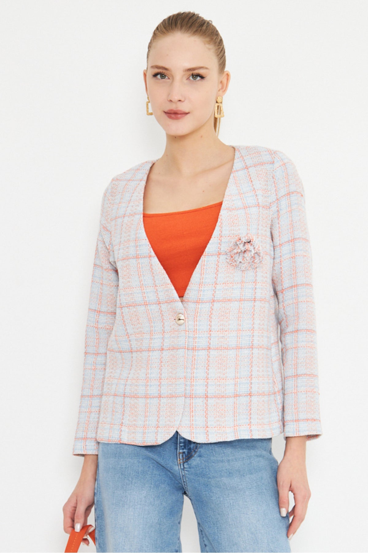 Women's Baby Blue-Orange V-Neck Collar Brooch Detailed Plaid Jacket Arm-25k001033