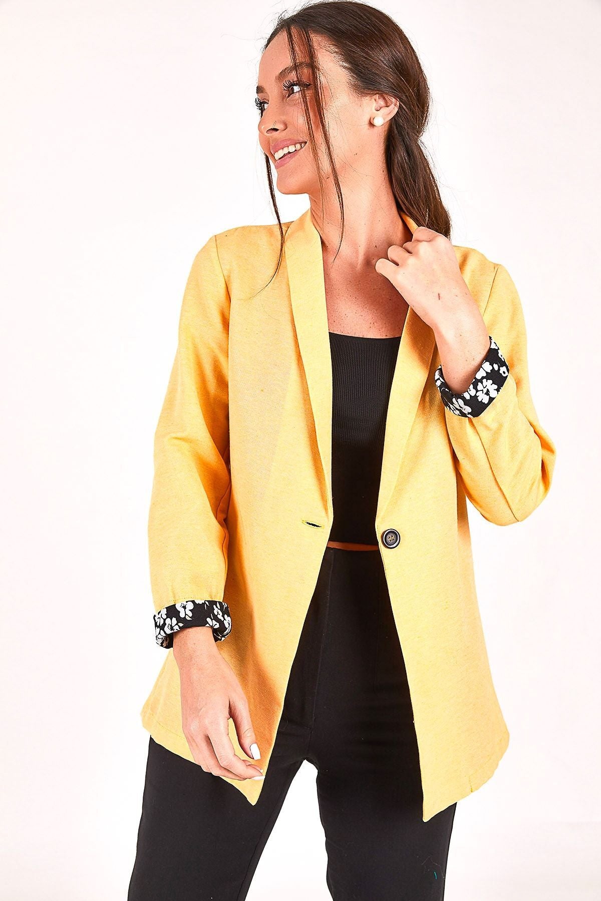 Women's Yellow Sleeve Flowered Single Button Jacket ARM-22Y001075