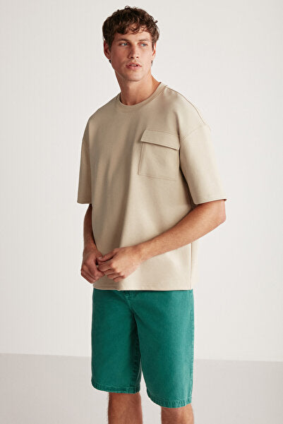 Artur Men's Thick Special Textured Fabric Beige T-shirt with Pockets