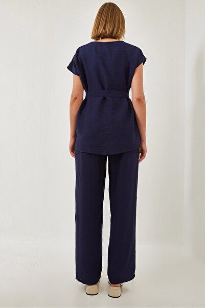 Women's Belted Palazzo Trousers Linen Ayrobin Bottom-Top Set 60323 60271039