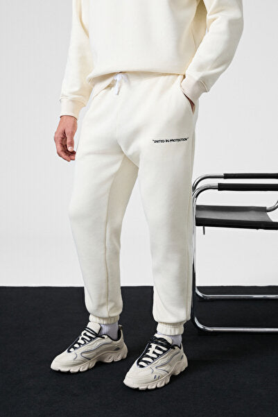 MARSHALL Men's Cotton Embroidered Relaxed Ecru Tracksuit Set
