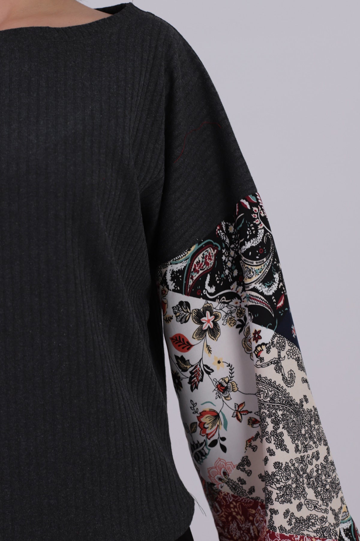 Women's Anthracite Sleeve Patterned Balloon Knitwear Sweater ARM-20K081001