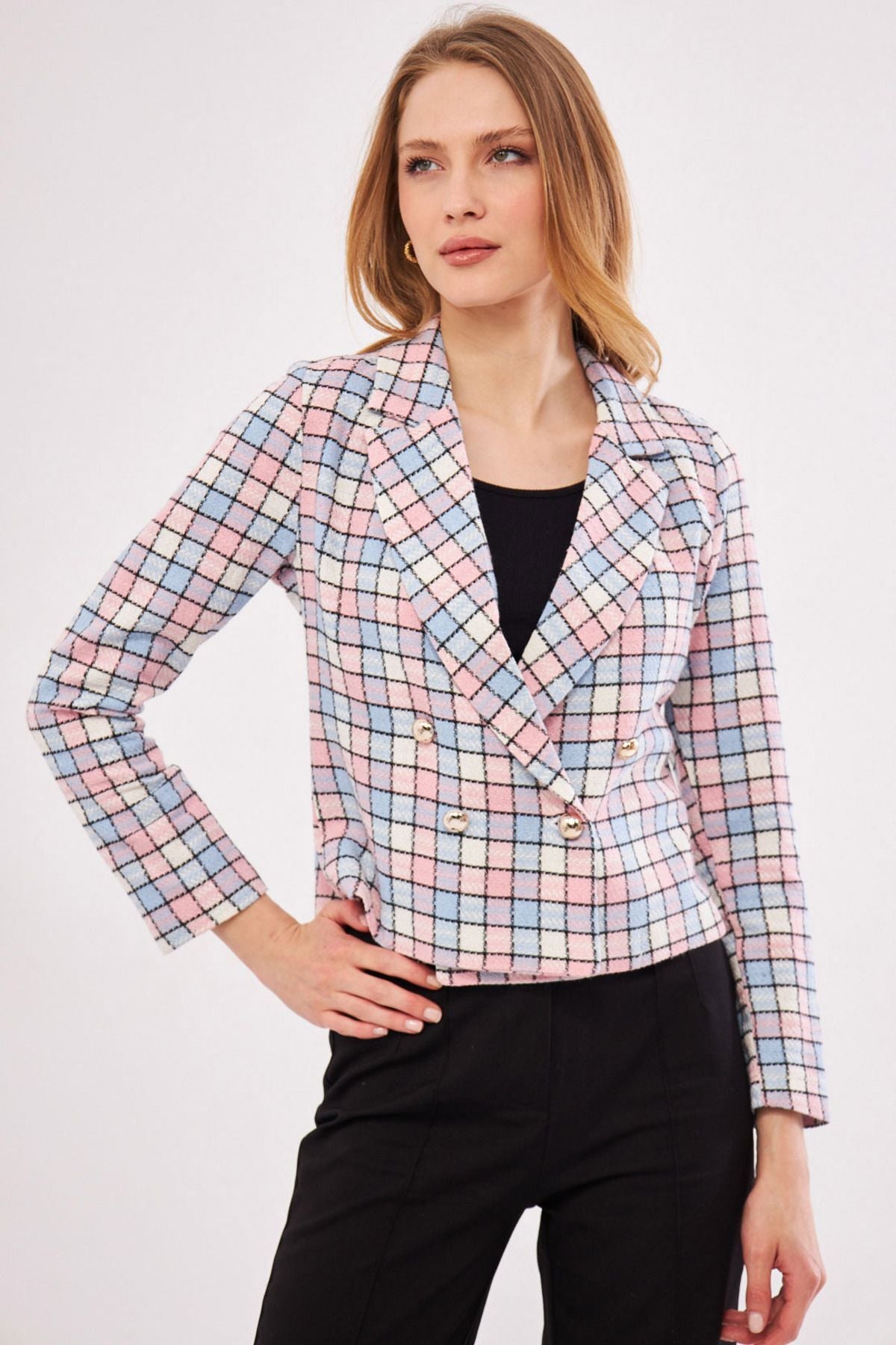 Women's Baby Blue-Powder Double Breasted Collar Tweed Crop Jacket ARM-24K001014