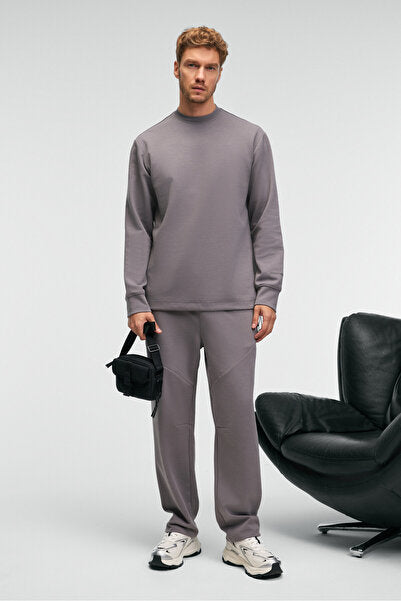 EDMUND Men's Crew Neck Dark Gray Sweatshirt with Sleeve Printed Skirt, Elastic and Stopper