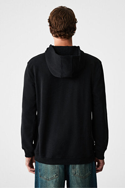 ALESSIO Men's 100% Cotton Hooded Cord Detailed Oversize Fit Black Sweatshirt