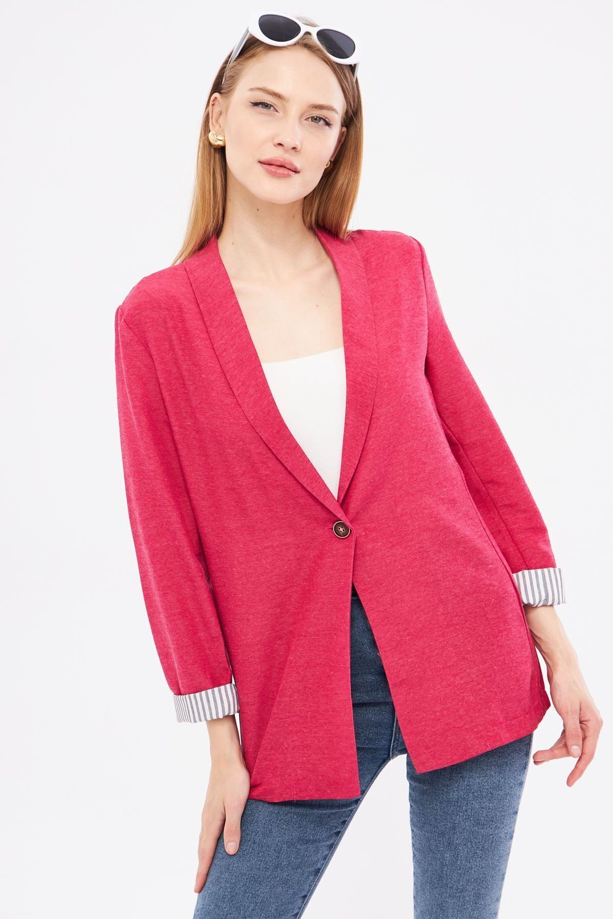 Women's Dark Fuchsia Striped Inside Sleeve Single Button Jacket ARM-22K001122