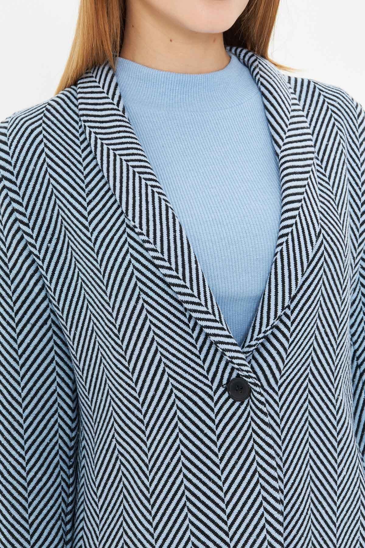 Women's Baby Blue Herringbone Pattern Sleeve Folded Single Button Stash Jacket ARM-24K001066