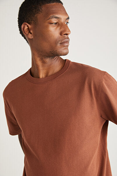 Astons Men's Relaxed 100% Organic Cotton Thick Single Jersey Woven Dark Brown T-shirt