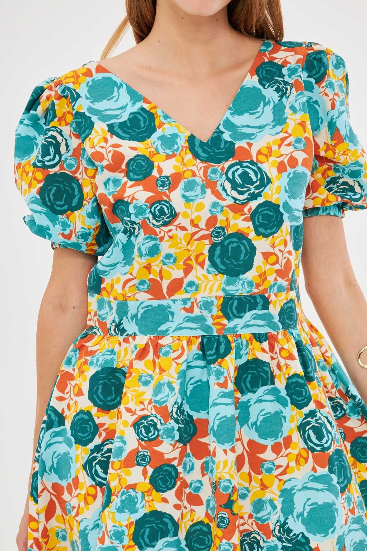 Women's Turquoise Front Back V-Neck Balloon Sleeve Belt Detailed Patterned Mini Dress ARM-24Y001016