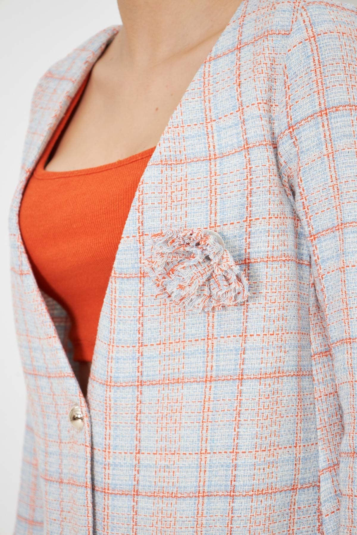 Women's Baby Blue-Orange V-Neck Collar Brooch Detailed Plaid Jacket Arm-25k001033
