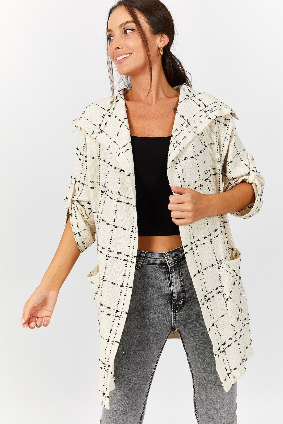 Women's White Plaid Loose Jacket with Pockets ARM-22Y001160