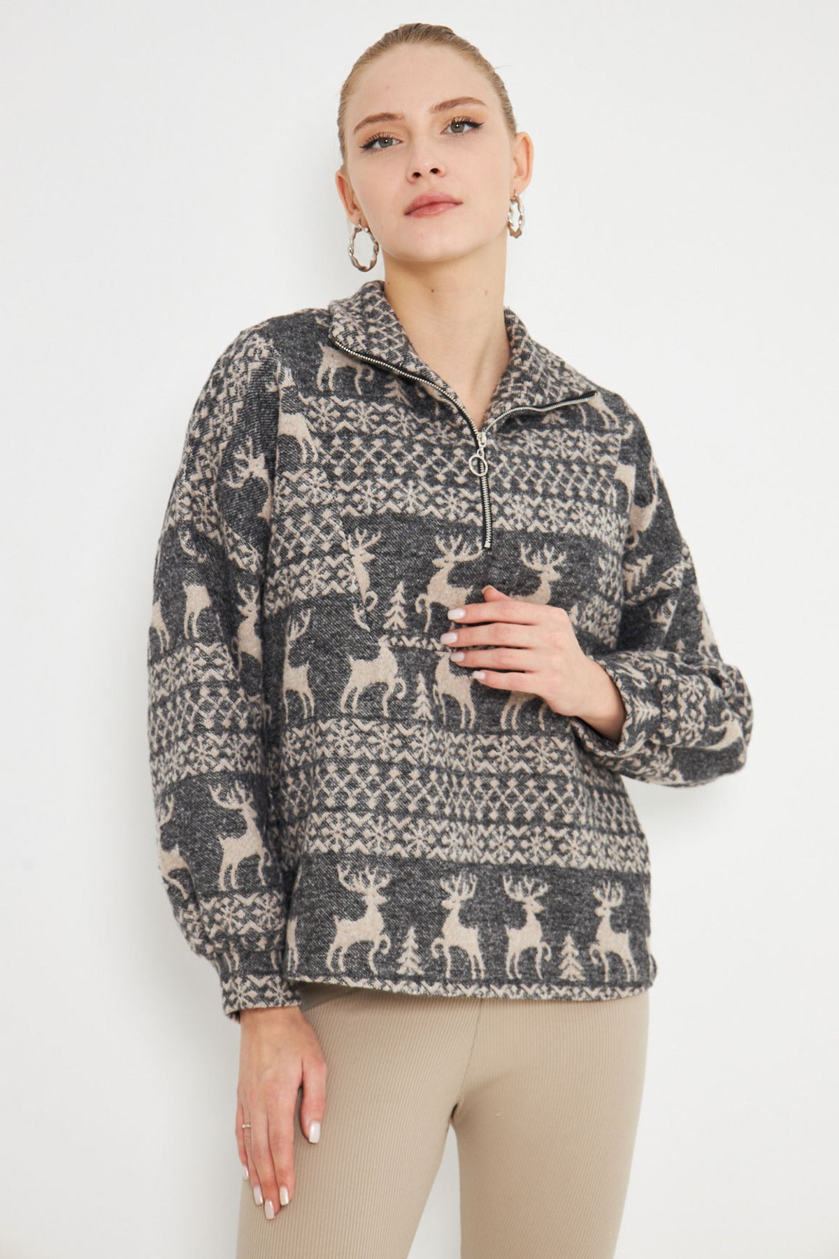 Women's Anthracite Turtleneck Sweatshirt with Zipper Collar ARM-25K001056