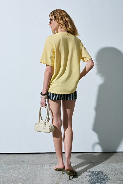 ASTERIVE Women's Organic Cotton Printed Crew Neck Oversized Yellow T-Shirt